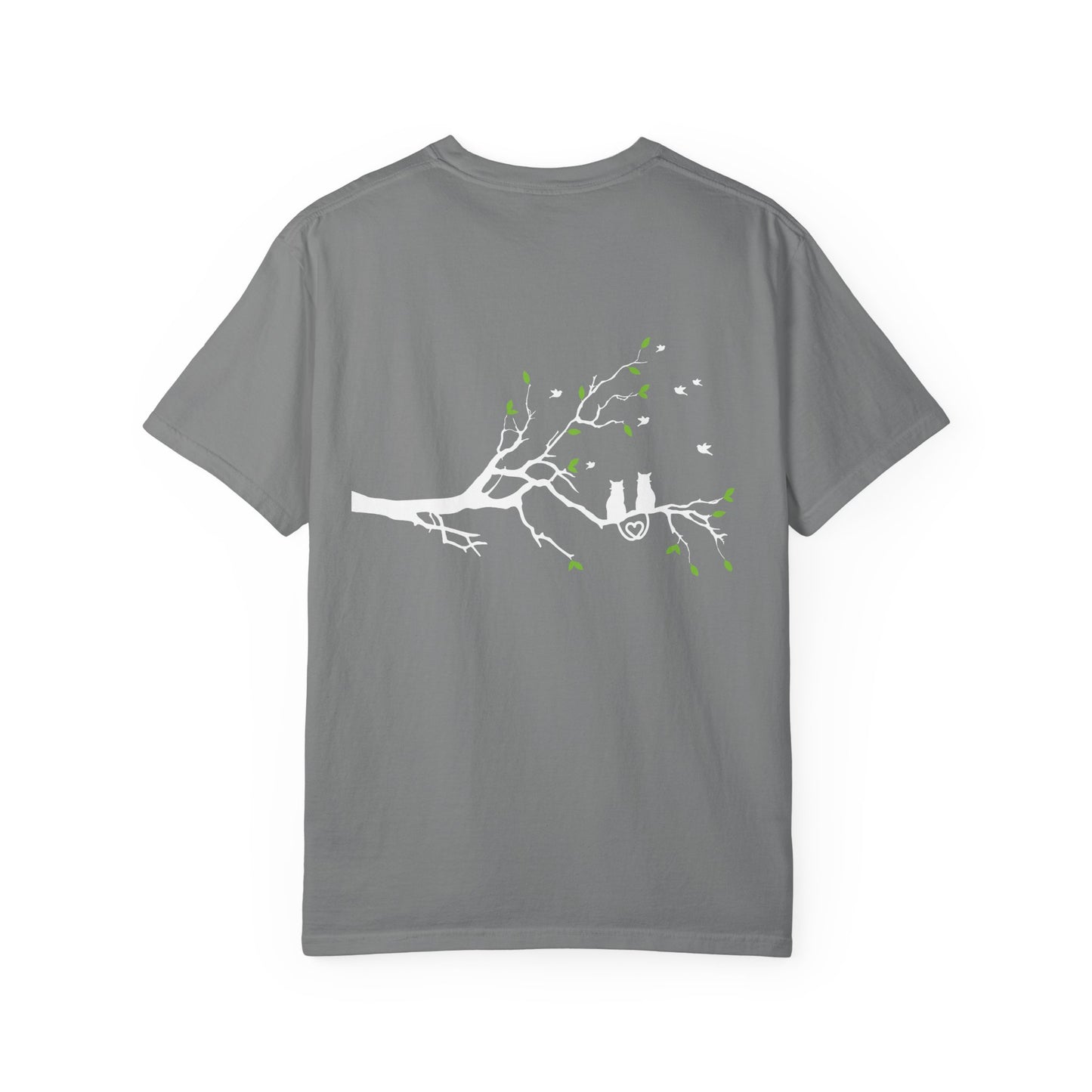 Whimsical Cat and Bird Branch T-Shirt