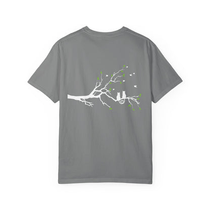 Whimsical Cat and Bird Branch T-Shirt