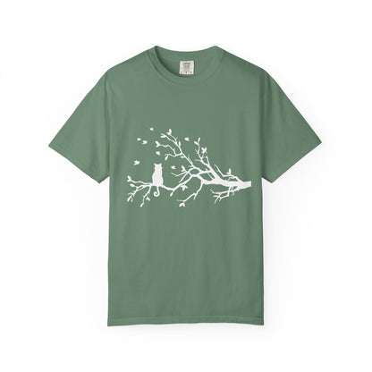 Whimsical Cat and Bird Branch T-Shirt