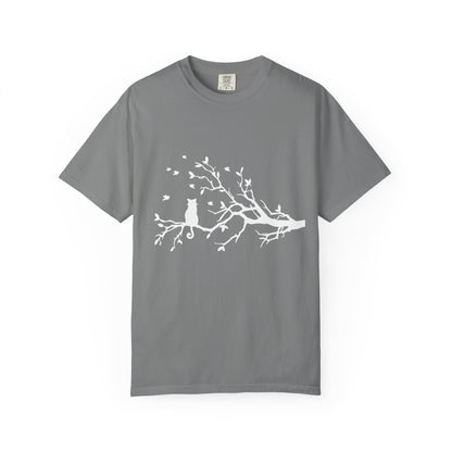 Whimsical Cat and Bird Branch T-Shirt