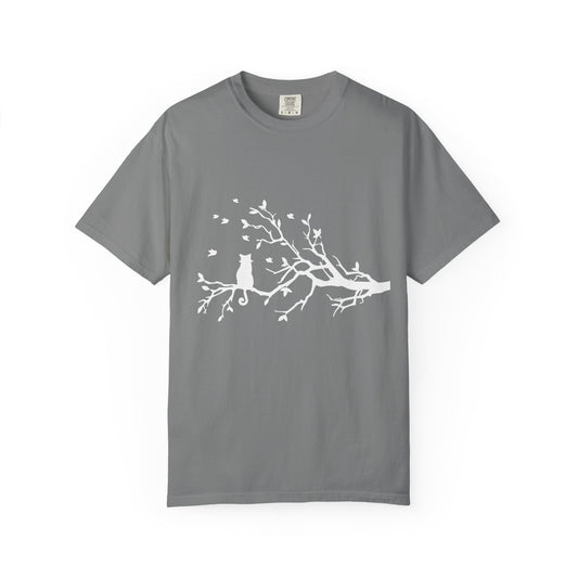 Whimsical Cat and Bird Branch T-Shirt