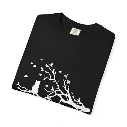 Whimsical Cat and Bird Branch T-Shirt
