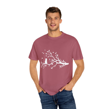 Whimsical Cat and Bird Branch T-Shirt