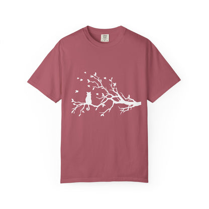 Whimsical Cat and Bird Branch T-Shirt