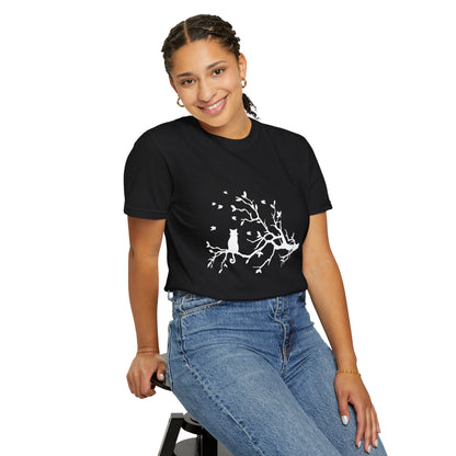 Whimsical Cat and Bird Branch T-Shirt