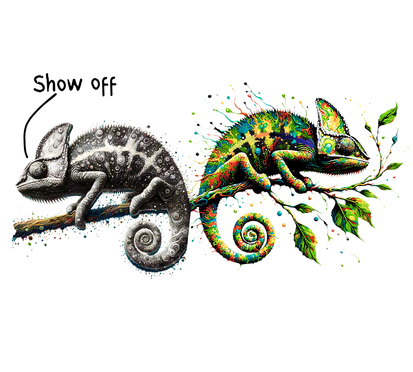 Two chameleons, one gray and one colorful, on a branch with the word 'Show off'.