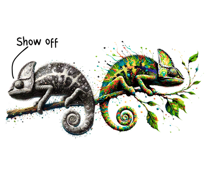 Two chameleons, one gray and one colorful, on a branch with the word 'Show off'.