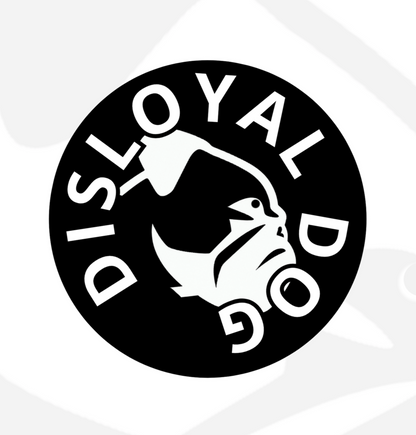 White dog toy with 'Disloyal Dog' logo on a white background