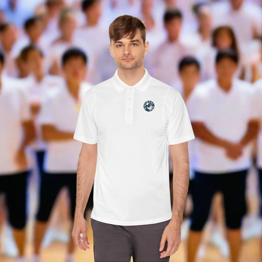 Man wearing a white polo shirt with a logo on a white background