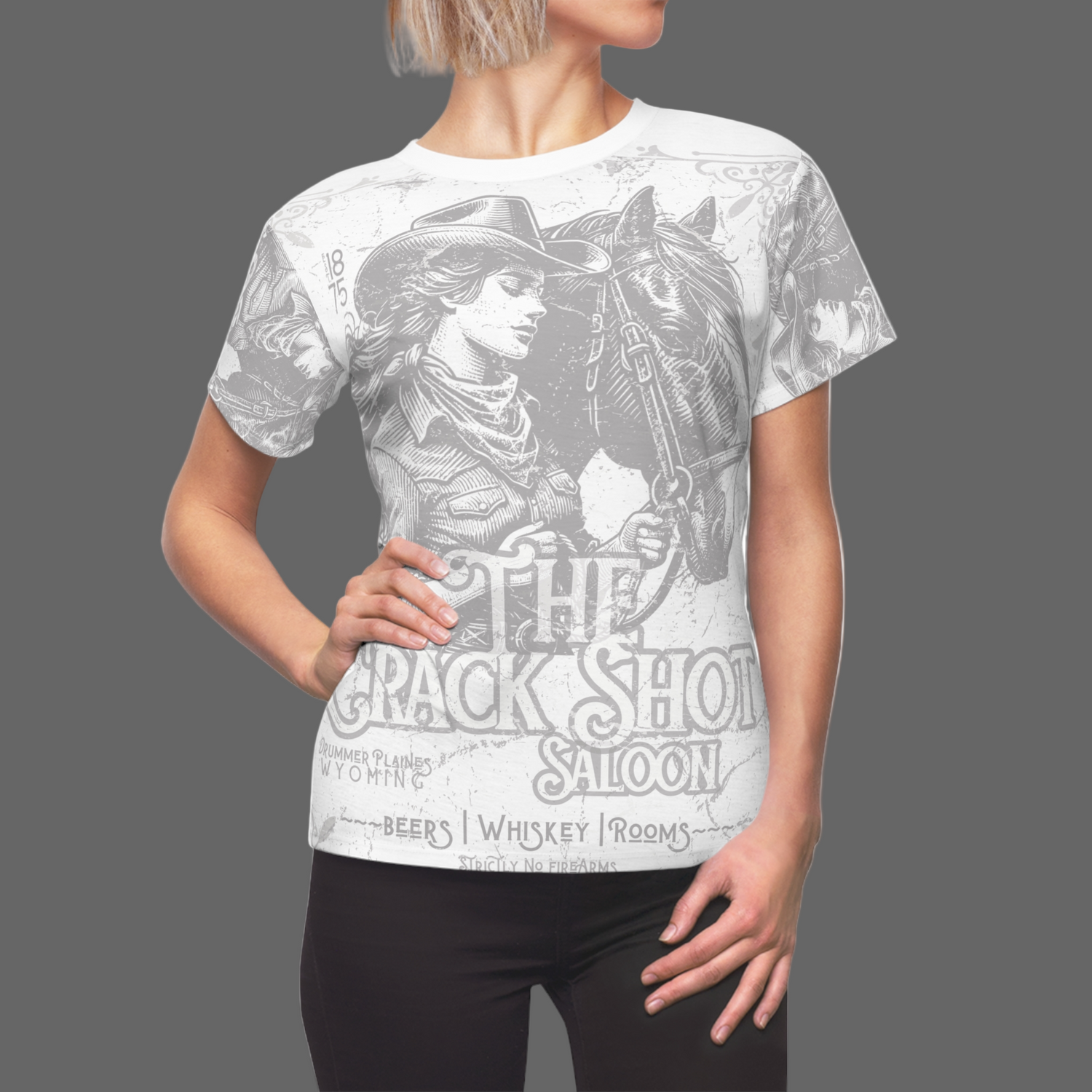 Person wearing a white t-shirt with a graphic design and text on a white background