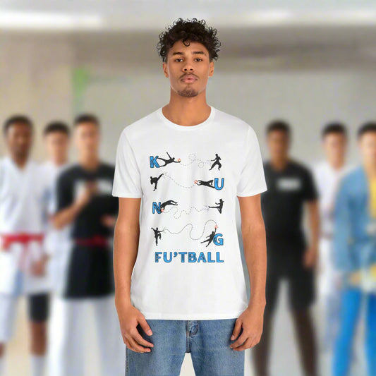 Person wearing a white t-shirt with graphic designs and text on a white background