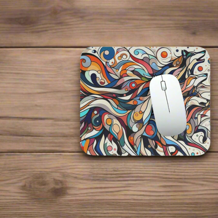 Colorful mouse pad with abstract design on wooden desktop 