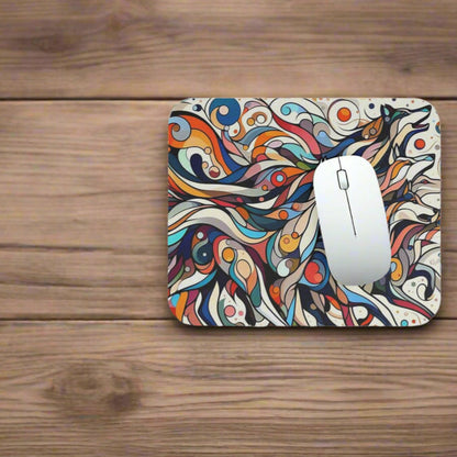 Colorful mouse pad with abstract design on wooden desktop 