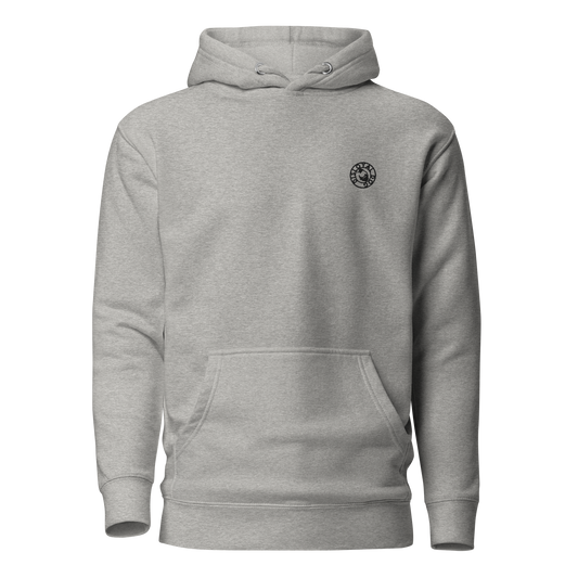 Gray hoodie with a small logo on the chest against a white background