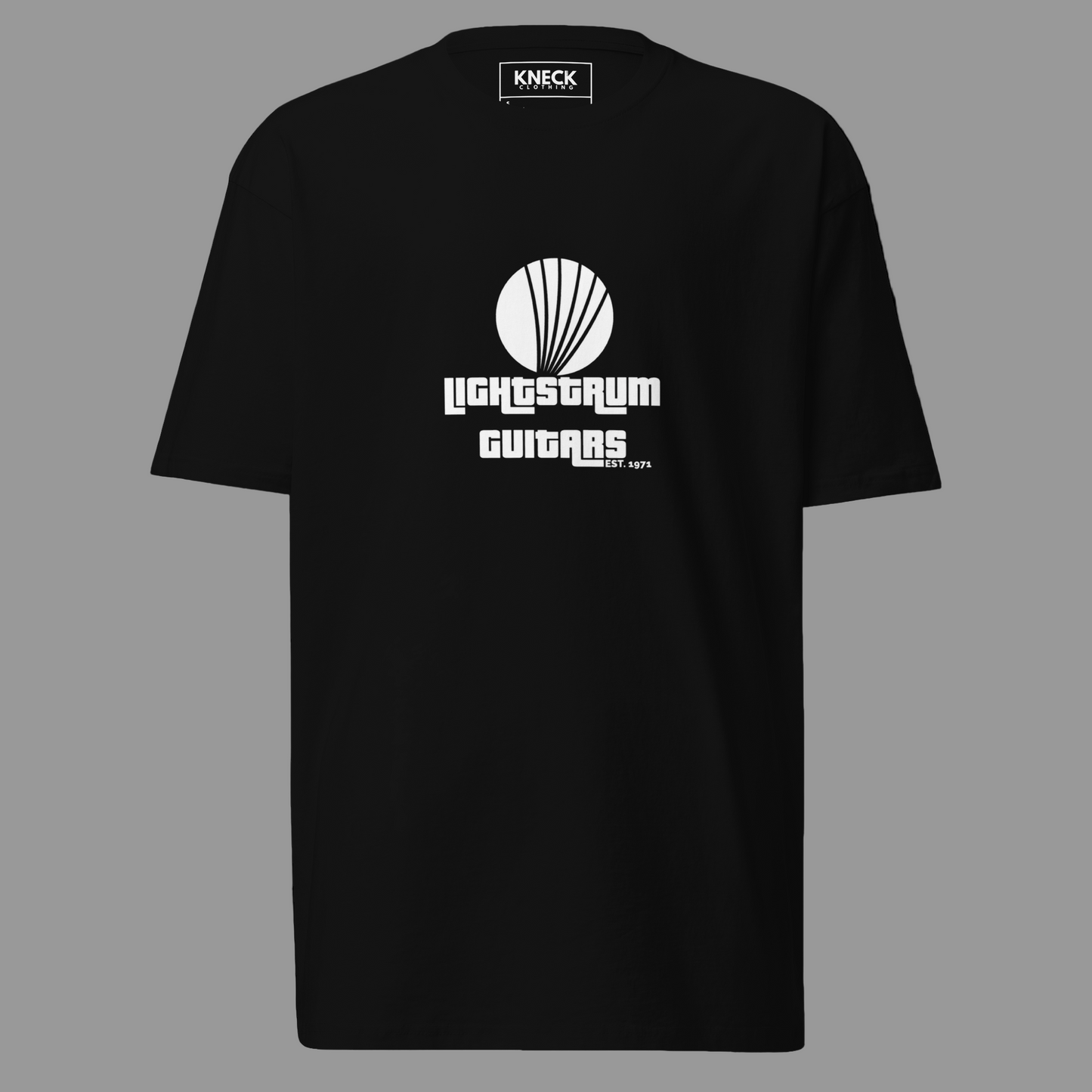 Black t-shirt with Lightstream Guitars logo on a white background